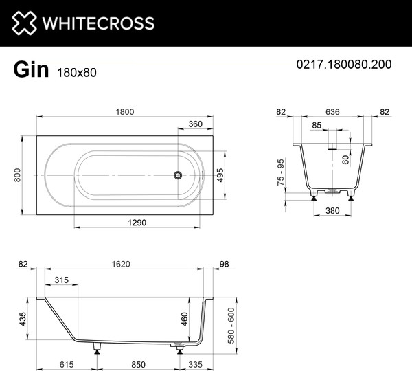 Ванна из искусственного камня Whitecross Gin 180x80 / 0217.180080.200
