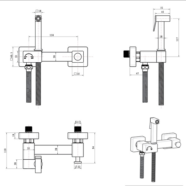 Гигиенический душ со смесителем Lauter Glow 21LT0221CH