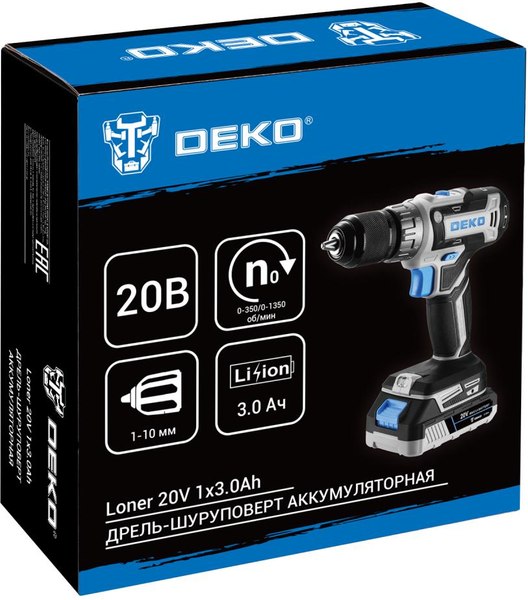Аккумуляторная дрель-шуруповерт Deko Loner 20V / 085-1006
