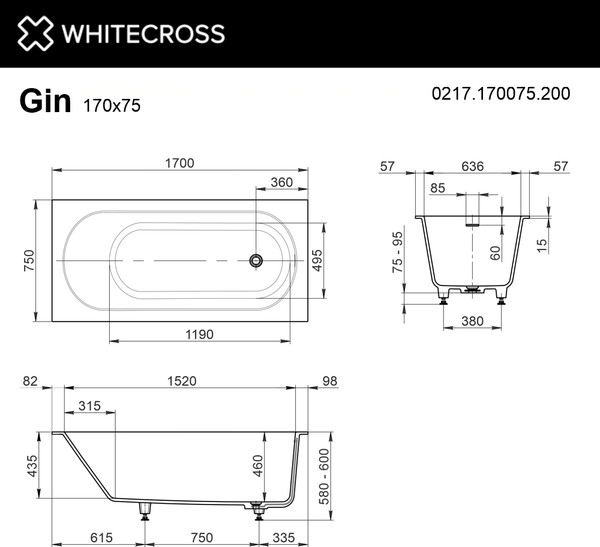 Ванна из искусственного камня Whitecross Gin 170x75 / 0217.170075.200