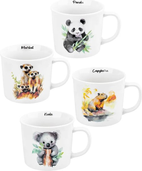 Набор кружек Elan Gallery New Bone China Сурикаты+Капибара+Панда+Коала / 230252-4 - фото