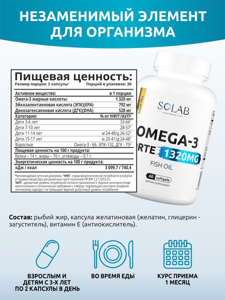 Жирные кислоты SOLAB Omega-3 Форте
