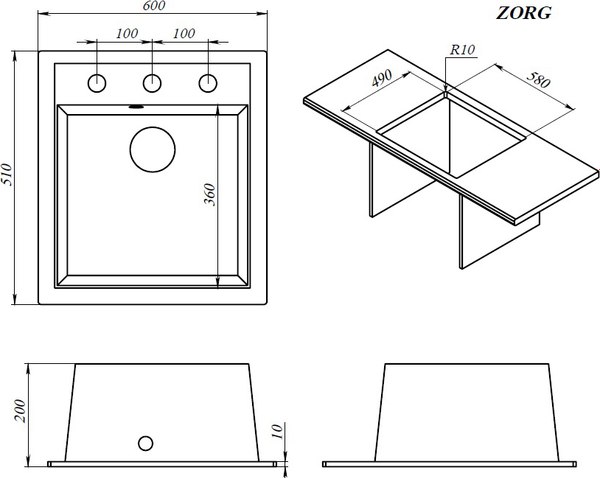 Мойка кухонная ZORG С сифоном Rock 60 Premium