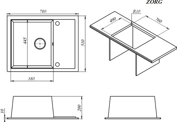 Мойка кухонная ZORG С сифоном Rock 78 Premium