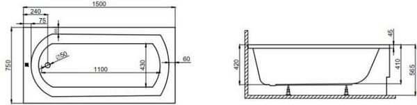 Ванна акриловая Polimat Classic 150x75 с ножками / 00279