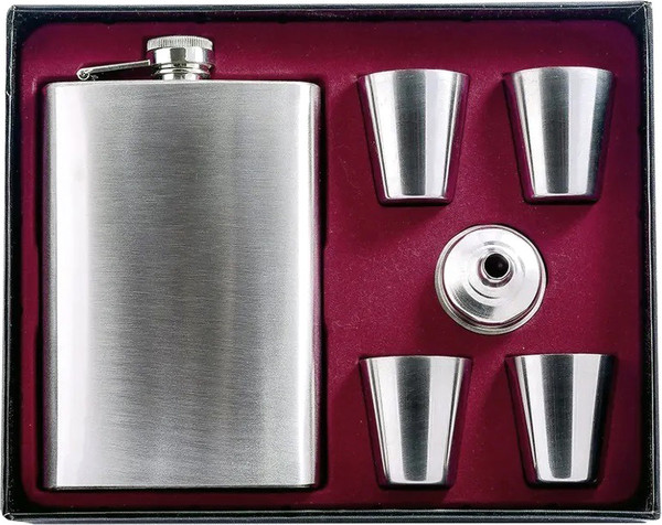 Фляга YYC Матовый хром Фляжка + 4 стопки + Воронка - фото