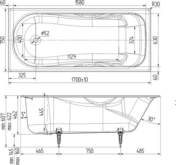 Ванна чугунная Wotte Comfort 170х75 / БП-э00д1474