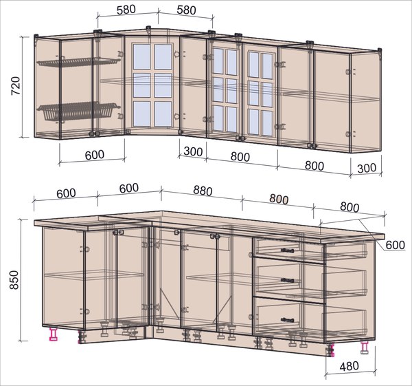 Кухонный гарнитур Интерлиния Мила Деко 1.2x2.5