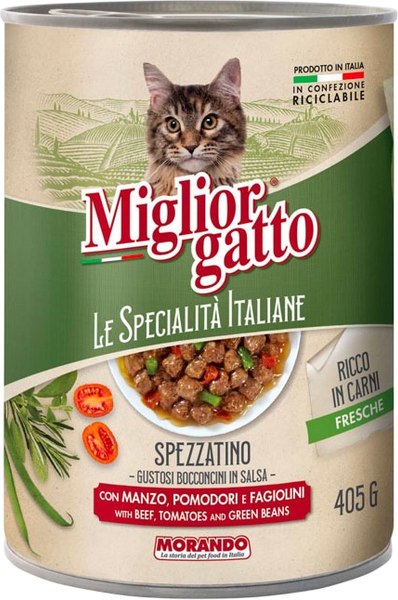 Влажный корм для кошек Miglior Le Specialita Italiane Кусочки в соусе говяд., помидор и фасоль - фото