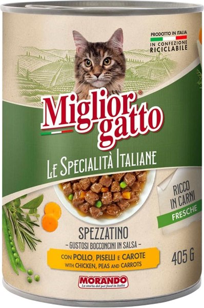 Влажный корм для кошек Miglior Le Specialita Italiane кусочки в соусе курица, горох и морковь - фото