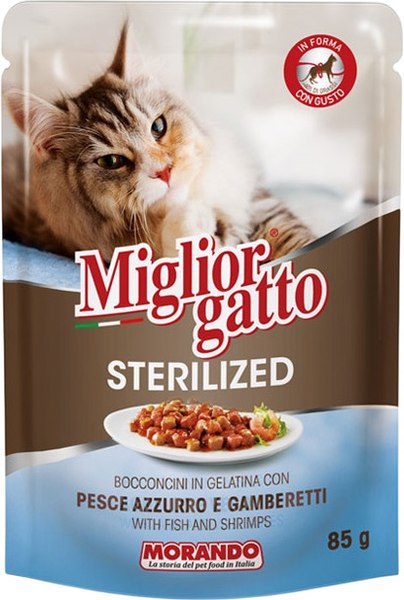 Влажный корм для кошек Miglior Sterilized Кусочки в желе рыба и креветки - фото