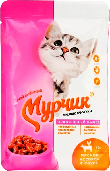 Влажный корм для кошек Мурчик Мясное ассорти в соусе - фото