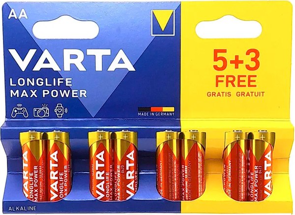 Комплект батареек Varta Longlife Max Power AA LR6 Alkaline BL5+3 / 4706101428 - фото