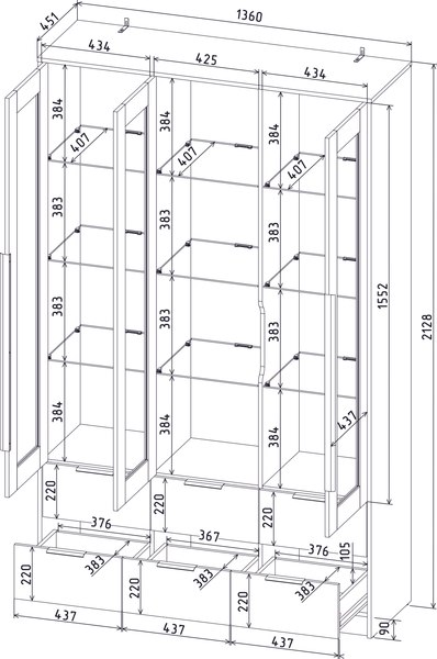 Шкаф с витриной Интерлиния Концепт КТ-ШВ3 с подсветкой