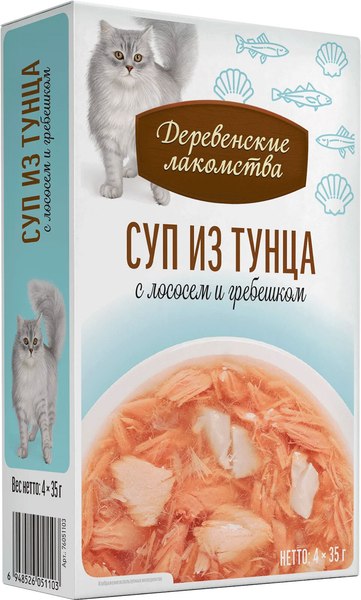 Влажный корм для кошек Деревенские лакомства Суп из тунца с лососем и гребешком - фото