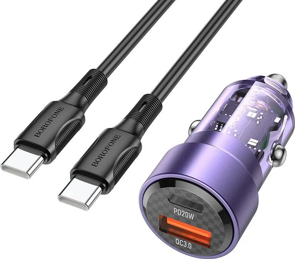 Адаптер питания автомобильный Borofone BZ26A два порта PD43W + кабель Type-C to Type-C - фото