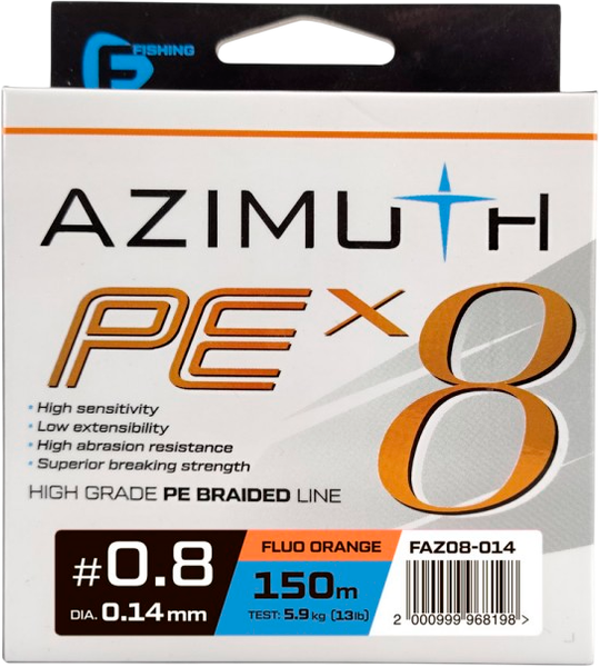 Леска плетеная F-Fishing Azimuth PE X8 150м Orange / FAZO8-014 - фото