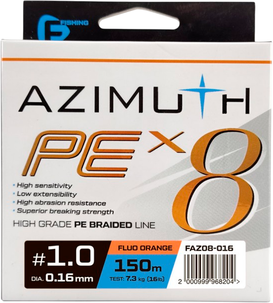 Леска плетеная F-Fishing Azimuth PE X8 150м Orange / FAZO8-016 - фото