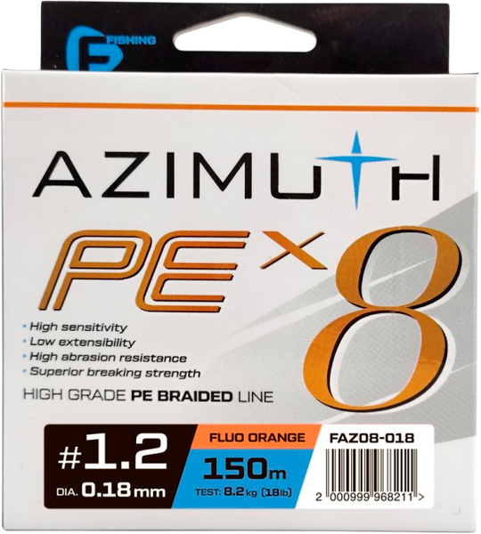 Леска плетеная F-Fishing Azimuth PE X8 150м Orange / FAZO8-018 - фото