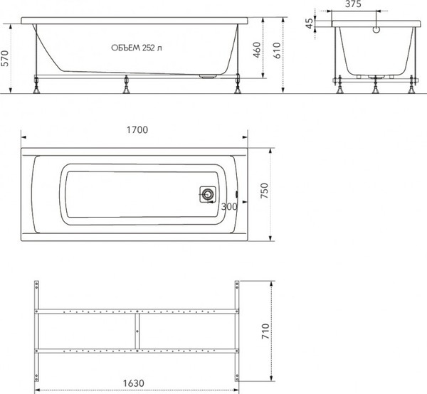 Ванна акриловая Maroni Arte 170х75 / Щ0000071415