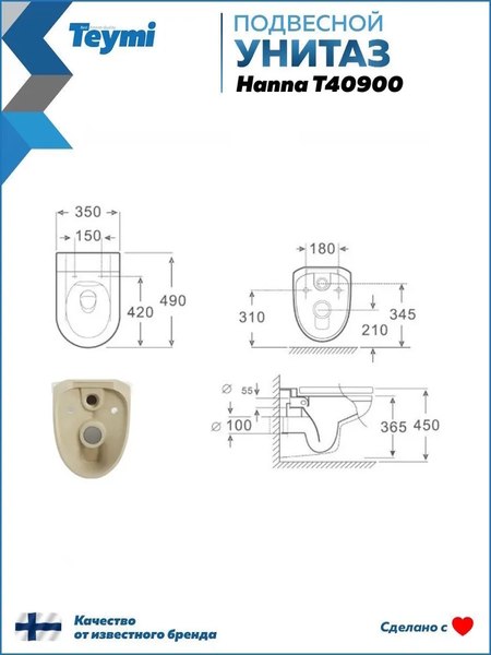 Унитаз подвесной Teymi Hanna / T40900