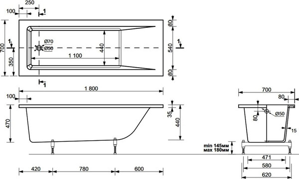 Ванна из искусственного мрамора Эстет Дельта 180x70 / ФР-00010113