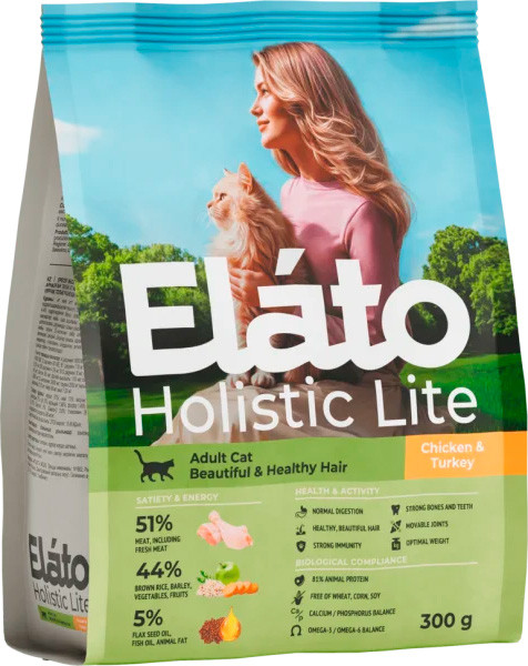 Сухой корм для кошек Elato Holistic Lite Для красивой здоровой шерсти с курицей и индейкой - фото