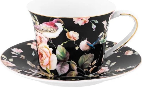 Чашка с блюдцем Elan Gallery Певчие птички на черном / 730851 - фото
