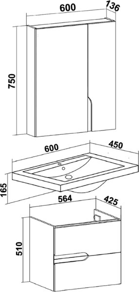 Тумба с умывальником Runo Стокгольм 60 + Como 60