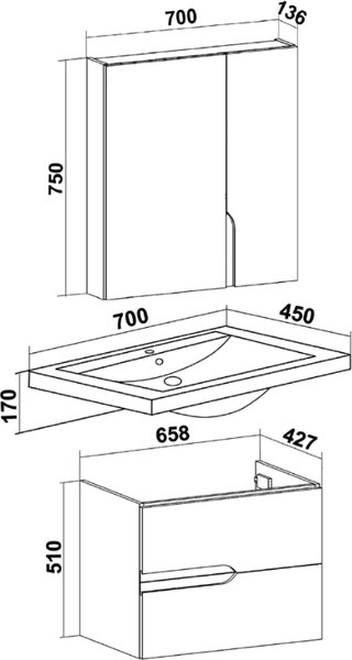 Тумба с умывальником Runo Стокгольм 70 + Como 70