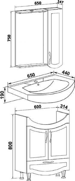 Тумба с умывальником Runo Неаполь 65 + Элеганс 65
