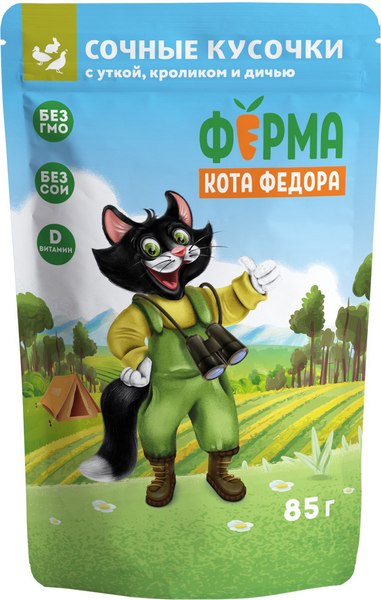 Влажный корм для кошек Ферма кота Федора Мясные кусочки с уткой, кроликом и дичью - фото