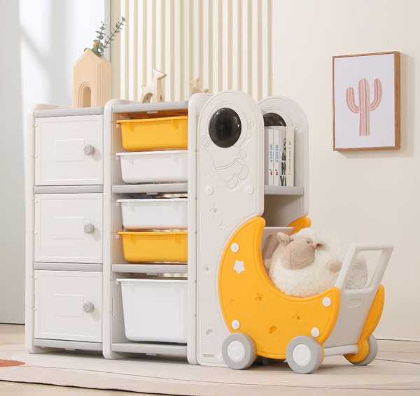 Стеллаж игровой UNIX Kids Moon 8 3 полки + 5 ящиков / pptsmoon8yel