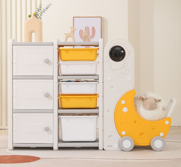 Стеллаж игровой UNIX Kids Moon 8 3 полки + 5 ящиков / pptsmoon8yel