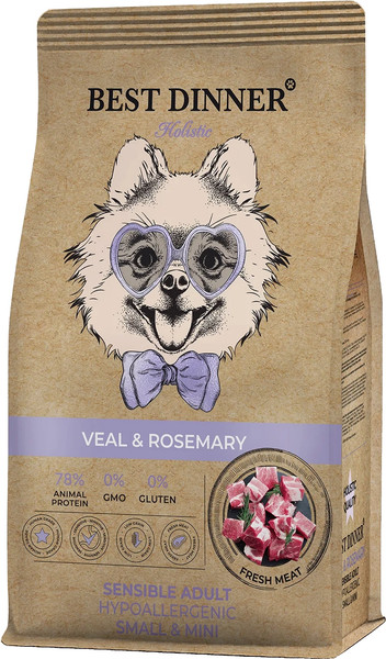 Сухой корм для собак Best Dinner Holistic Adult Sensible Hypoallergenic Small&Mini Veal&Rosemar - фото