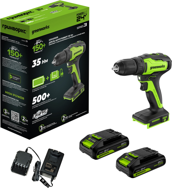 Аккумуляторная дрель-шуруповерт Greenworks GD24DD35 бесщеточная 24V / 3704007CUC