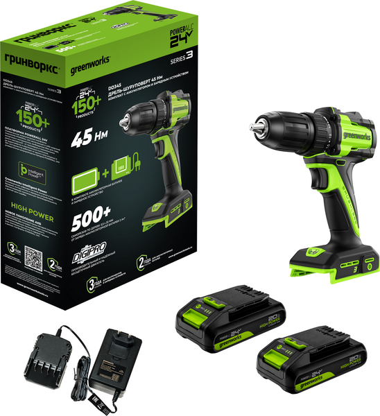 Аккумуляторная дрель-шуруповерт Greenworks DD345 бесщеточная 24V / 3708307CUC