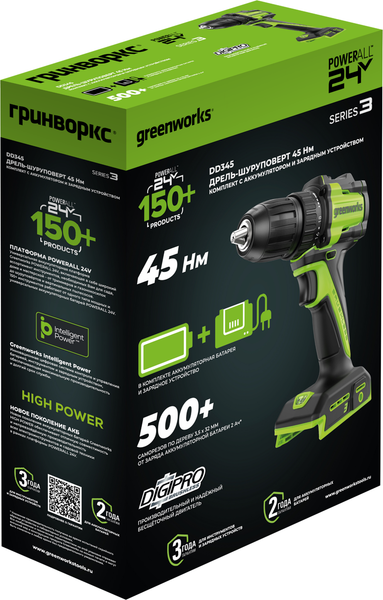 Аккумуляторная дрель-шуруповерт Greenworks DD345 бесщеточная 24V / 3708307CUC