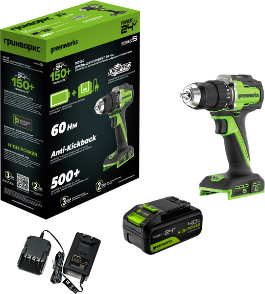 Аккумуляторная дрель-шуруповерт Greenworks DD560 / 3708407CUB - фото