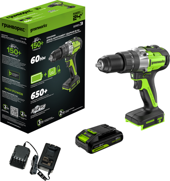 Аккумуляторная дрель-шуруповерт Greenworks GD24DD60 бесщеточная 24V / 3704107CUA