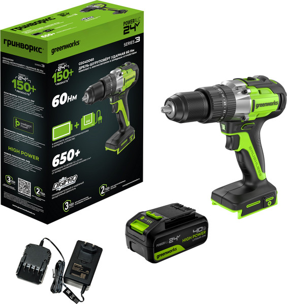 Аккумуляторная дрель-шуруповерт Greenworks GD24DD60 бесщеточная 24V / 3704107CUB