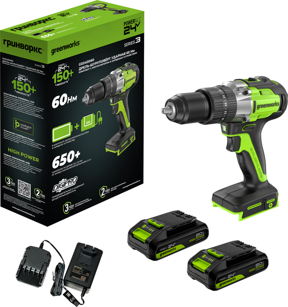 Аккумуляторная дрель-шуруповерт Greenworks GD24DD60 бесщеточная 24V / 3704107CUC