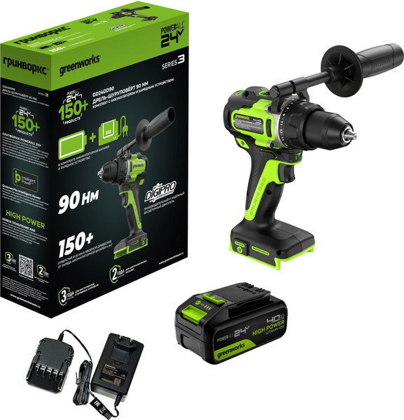 Аккумуляторная дрель-шуруповерт Greenworks GD24DD90 бесщеточная 24V / 3707507CUB