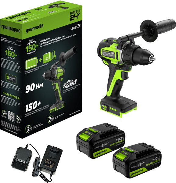 Аккумуляторная дрель-шуруповерт Greenworks GD24DD90 бесщеточная 24V / 3707507CUD