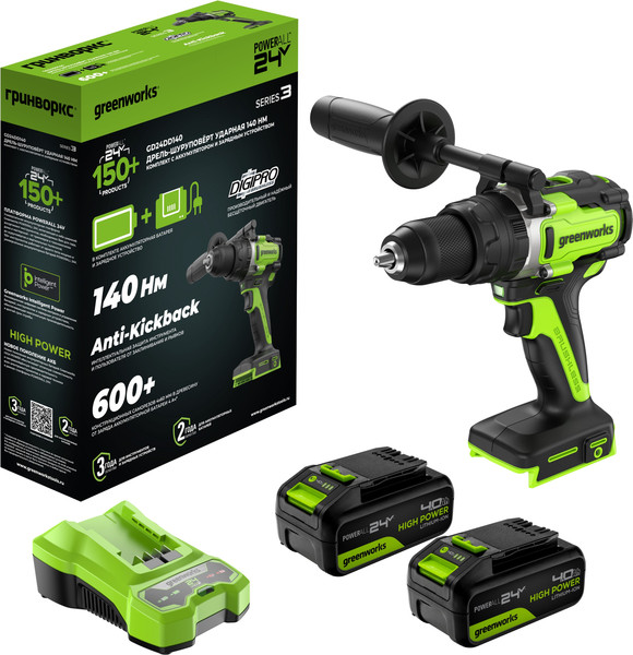 Аккумуляторная дрель-шуруповерт Greenworks GD24DD140 бесщеточная 24V / 3707607CUD