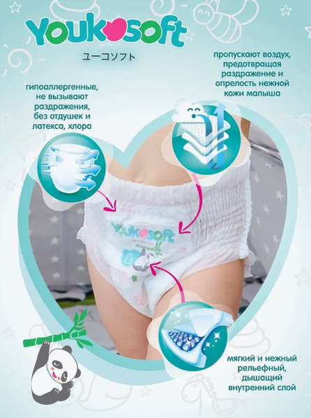 Подгузники-трусики детские Youkosoft Универсальные премиум 15+ XXL
