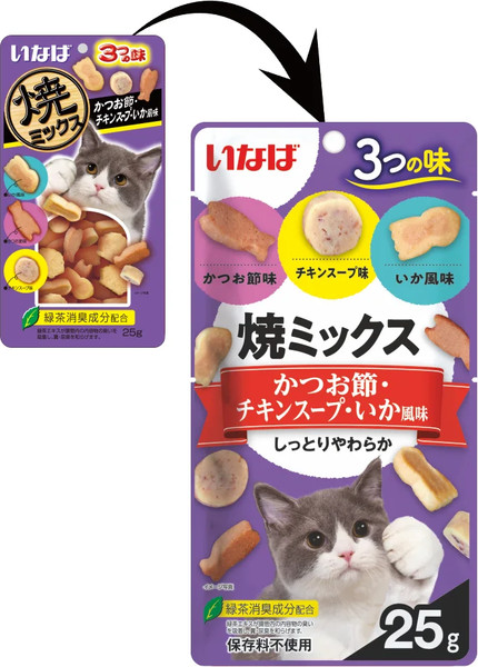 Лакомство для кошек Inaba Якимиксу с кациобуси, куриным бульоном и кальмаром