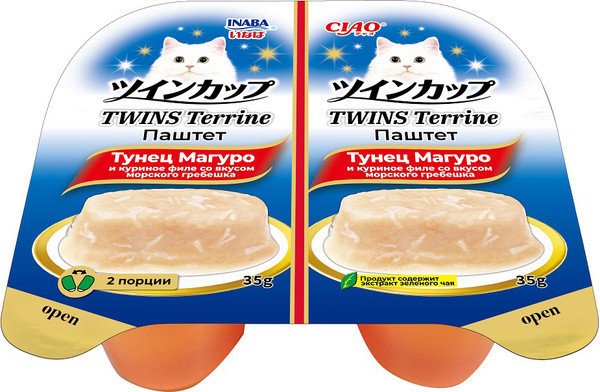 Влажный корм для кошек Inaba Чао Твинс Террин с тунцом Магуро, кур. филе с морским гребешком - фото