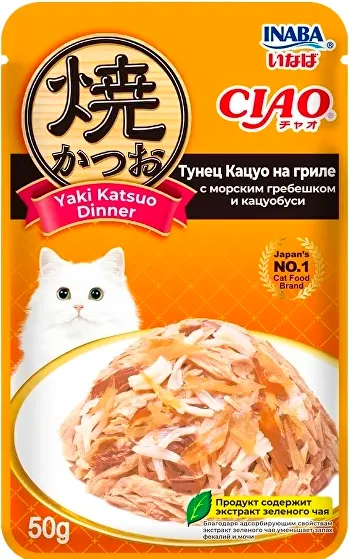 Влажный корм для кошек Inaba Тунец Кацуо на гриле с морским гребешком кацуобуси - фото