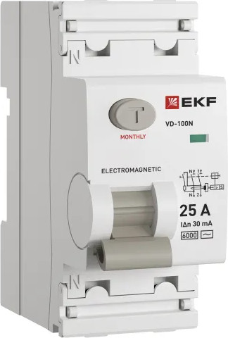 Дифференциальный автомат EKF PROxima ВД-100N 2P 25А 30мА тип AC эл-мех 6кА / E1026M2530 - фото